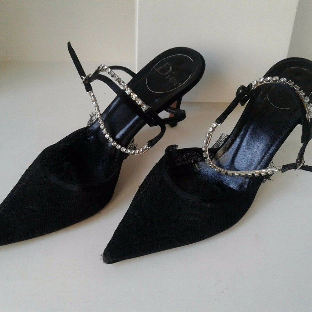 Auth Christian Dior Shoes Black Lace Crystal Eveni